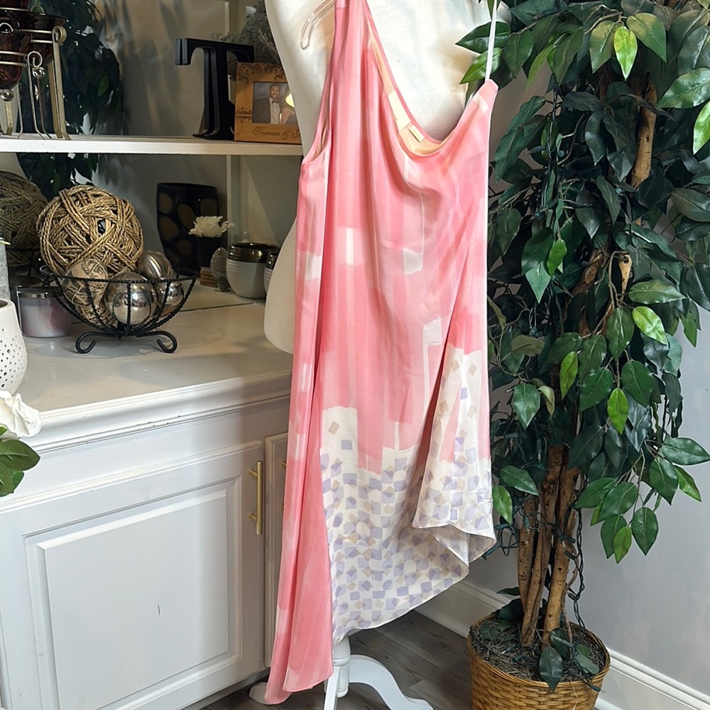 EUC Maeve 100% Silk Pink/Lavender/White Geometric Patterned 1 Shoulder Dress, 2